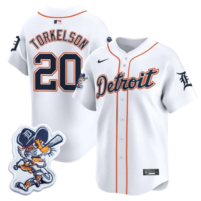 Men's Detroit Tigers #20 Spencer Torkelson White Paws Patch Vapor Premier Limited Stitched Jersey