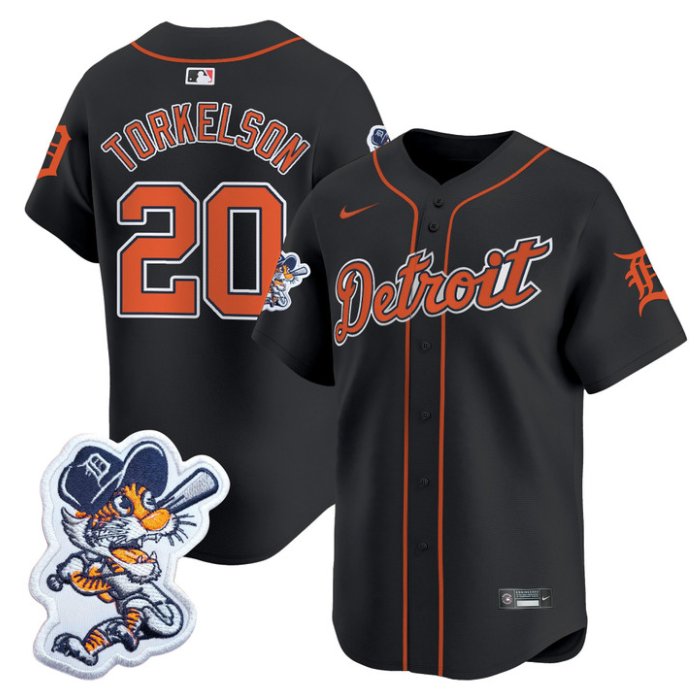 Men's Detroit Tigers #20 Spencer Torkelson Black Paws Patch Vapor Premier Limited Stitched Jersey