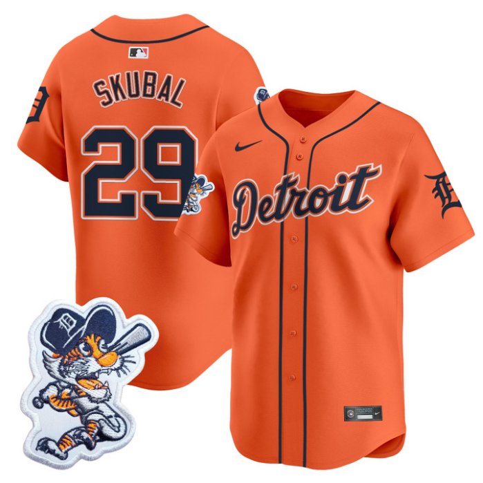 Men's Detroit Tigers #29 Tarik Skubal Orange Paws Patch Vapor Premier Limited Stitched Jersey