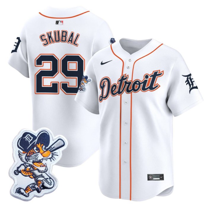 Men's Detroit Tigers #29 Tarik Skubal White Paws Patch Vapor Premier Limited Stitched Jersey