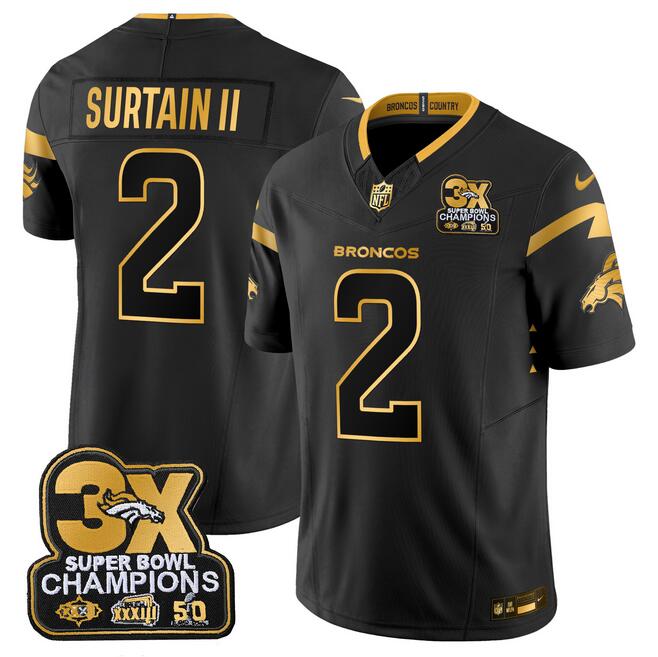 Men's Denver Broncos #2 Patrick Surtain II Black Gold F.U.S.E. 3-Time Champions Patch Vapor Limited Stitched Football Jersey