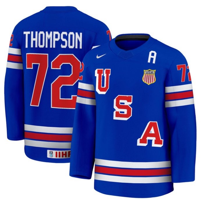 Men's USA Nike Olympic Hockey #72 Tage Thompson Blue 2025 Premium Stitched Jersey
