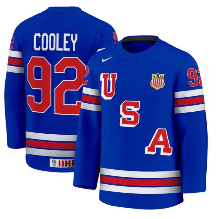 Men's USA Nike Olympic Hockey #92 Logan Cooley Blue 2025 Premium Stitched Jersey
