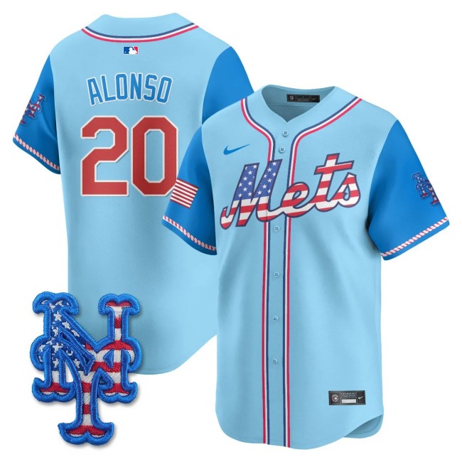 Men's NY Mets #20 Pete Alonso Nike 2025 Fourth of July MLB Baseball Limited Jersey Light Blue - All Stitched