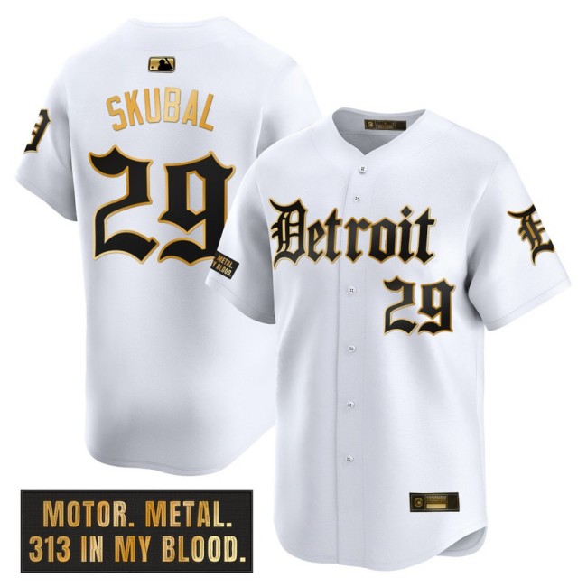 Men's Tigers #29 Tarik Skubal Nike White 'Motor Gothic Edition' Gold MLB Baseball Limited Jersey - All Stitched