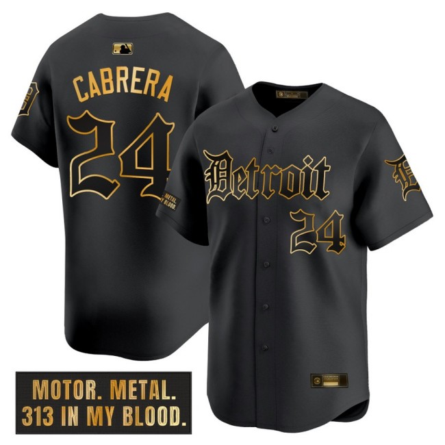 Men's Tigers #24 Miguel Cabrera Nike Black 'Motor Gothic Edition' Gold MLB Baseball Limited Jersey - All Stitched