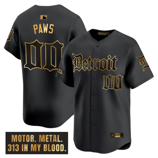 Men's Tigers #00 Paws Nike Black 'Motor Gothic Edition' Gold MLB Baseball Limited Jersey - All Stitched