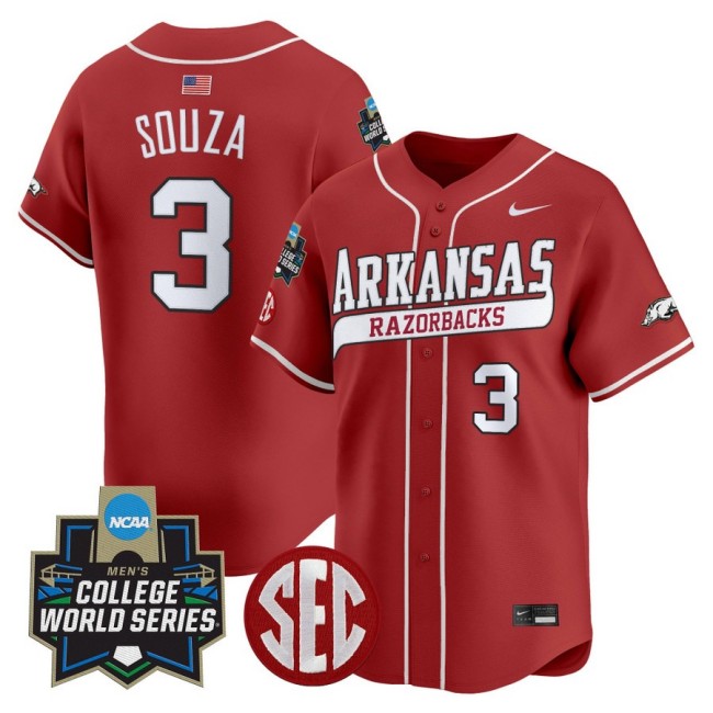 Men's Arkansas Baseball #3 Nolan Souza Nike 2025 NCAA World Series Limited Stitched Jersey Red