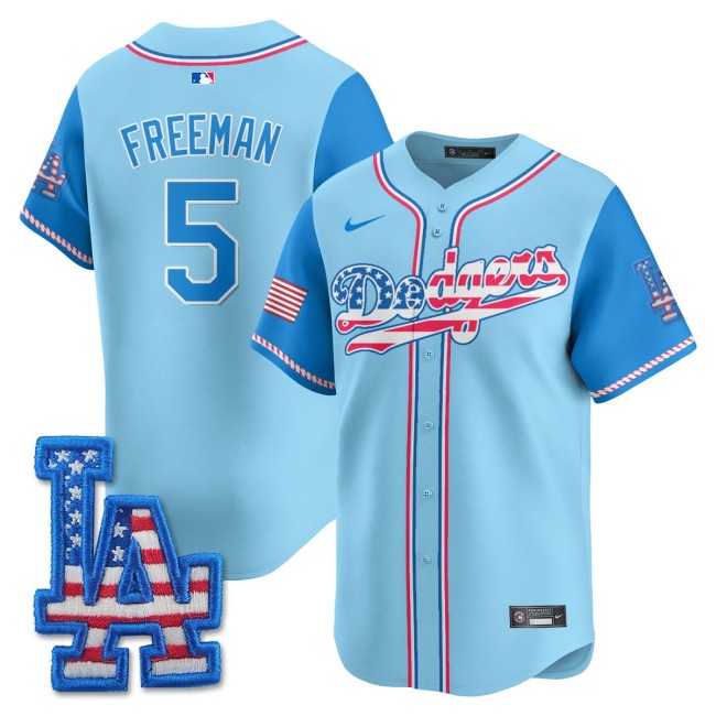 Men's LA Dodgers Nike #5 Freddie Freeman 2025 4th of July Stitched MLB Jersey Light Blue Alternate