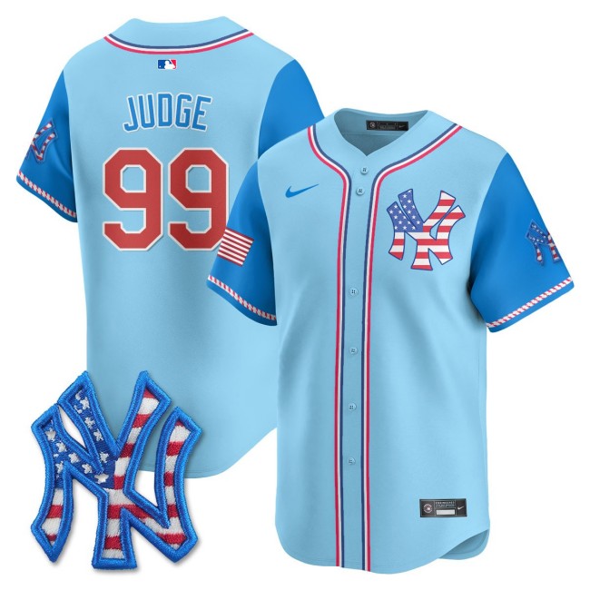 Men's NY Yankees #99 Aaron Judge Nike 2025 4TH OF JULY Stitched MLB Jersey Light Blue Alternate