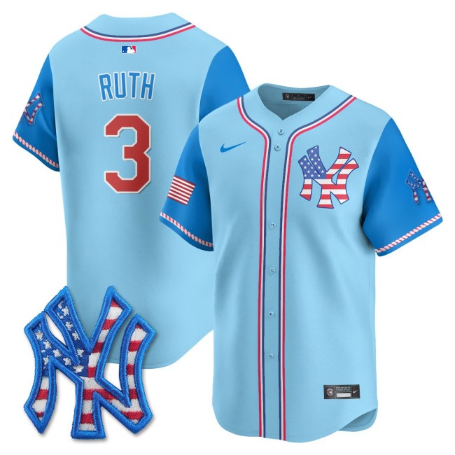 Men's NY Yankees #3 Babe Ruth Nike 2025 4TH OF JULY Stitched MLB Jersey Light Blue Alternate