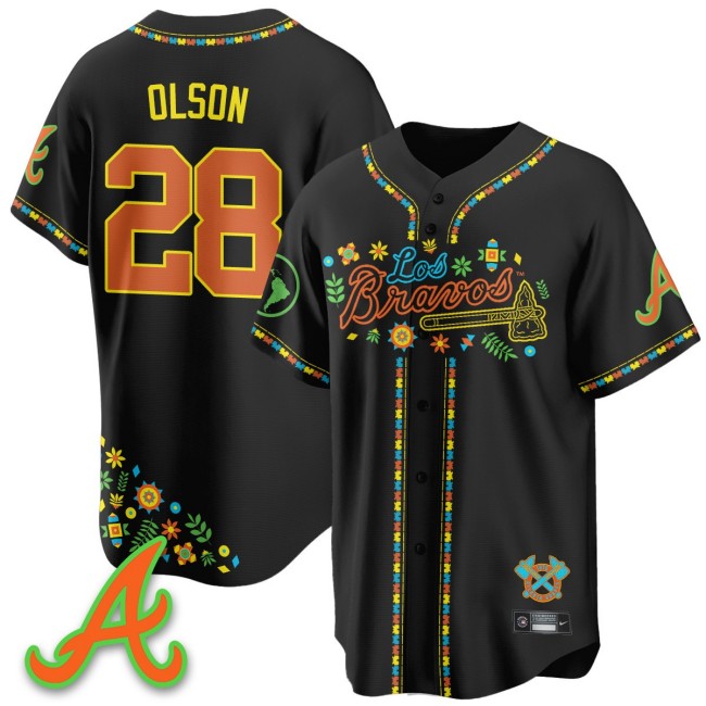 Men's Atlanta Braves #28 Matt Olson Nike Black 2025 'Los Bravos' Baseball Jersey - All Stitched