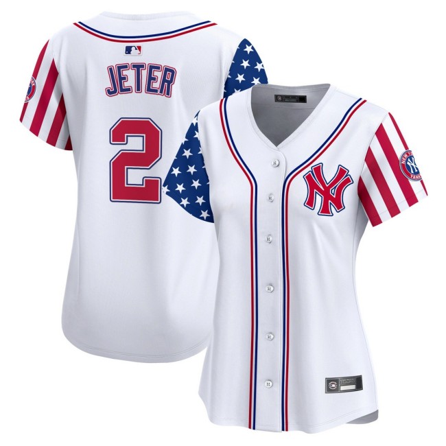Women's NY Yankees #2 Derek Jeter Nike White 2025 Independence Day MLB Baseball Limited Jersey - All Stitched