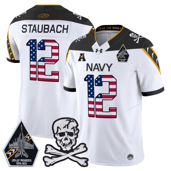Men's Navy Midshipmen #12 Roger Staubach 2025 Independence Day F.U.S.E Vapor Limited Football Jersey White - All Stitched
