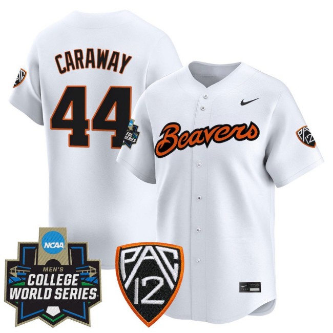 Men's OSU Baseball #44 Trent Caraway Nike White 2025 NCAA MCWS Limited Jersey - All Stitched