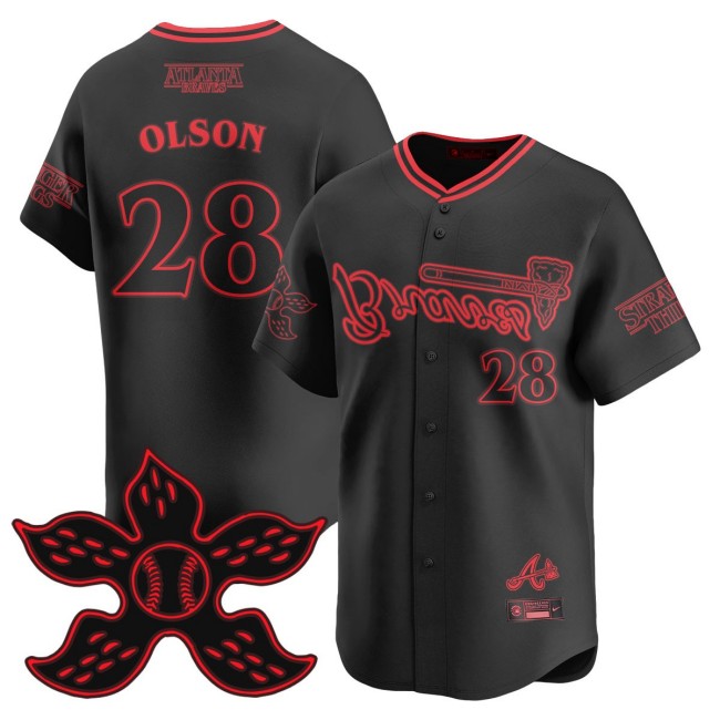 Men's Braves Stranger Things #28 Matt Olson Black 2025 Nike Limited Baseball Jersey - All Stitched