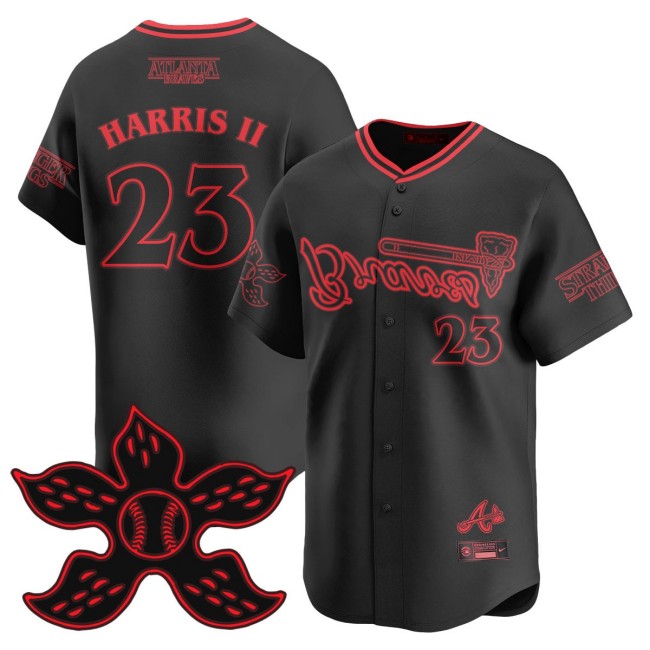Men's Braves Stranger Things #23 Michael Harris II Black 2025 Nike Limited Baseball Jersey - All Stitched