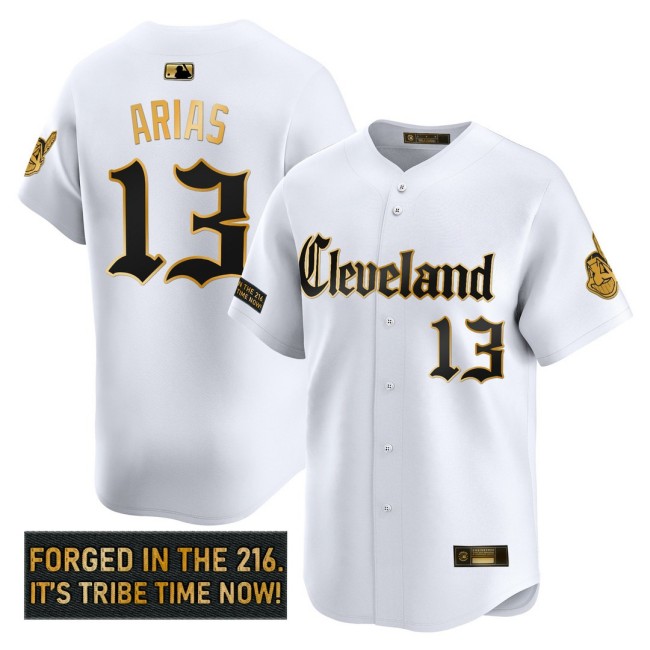 Men's CLE Indians #13 Gabriel Arias 'Gothic Iron Edition' Nike Gold MLB Baseball Limited Jersey White - All Stitched