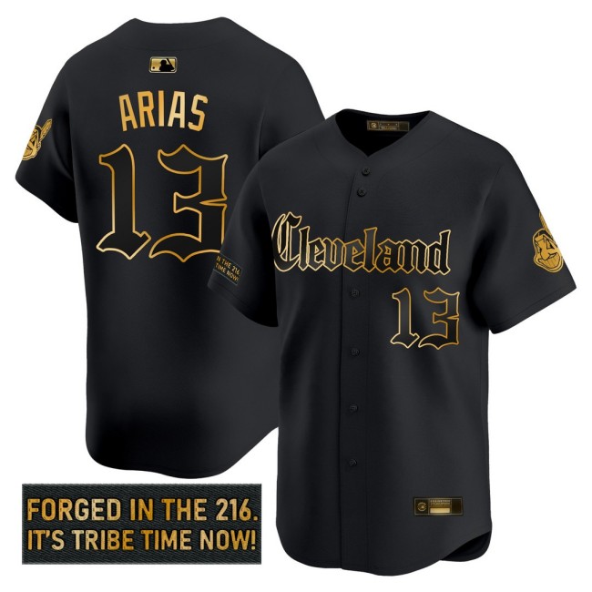 Men's CLE Indians #13 Gabriel Arias 'Gothic Iron Edition' Nike Gold MLB Baseball Limited Jersey Black - All Stitched