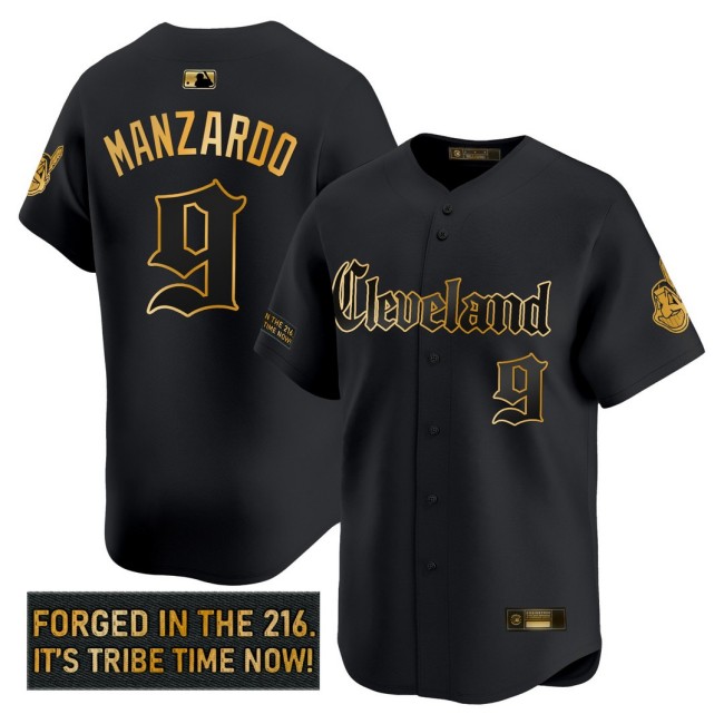 Men's CLE Indians #9 Kyle Manzardo 'Gothic Iron Edition' Nike Gold MLB Baseball Limited Jersey Black - All Stitched