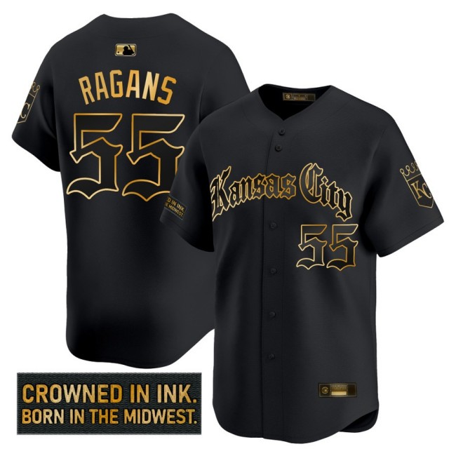 Men's KC Royals #55 Cole Ragans 'Gothic Crown Edition' Nike Gold MLB Baseball Limited Jersey Black - All Stitched