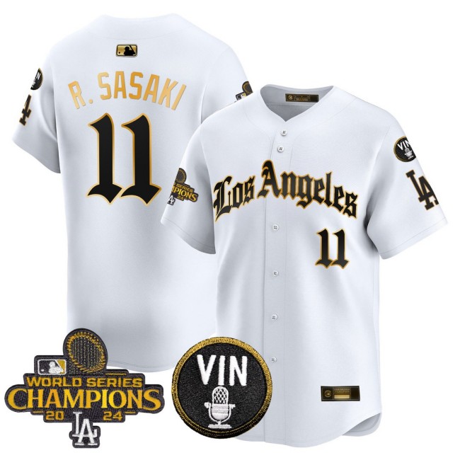 Men's Dodgers #11 Roki Sasaki 2025 LA Gothic Style Nike Gold MLB Baseball Limited Jersey White 2024 WSC Patch - All Stitched