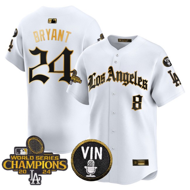 Men's Dodgers 824 Kobe Bryant 2025 LA Gothic Style Nike Gold MLB Baseball Limited Jersey White 2024 WSC Patch - All Stitched
