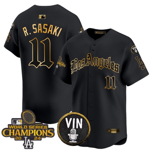 Men's Dodgers #11 Roki Sasaki 2025 LA Gothic Style Nike Gold MLB Baseball Limited Jersey Black 2024 WSC Patch - All Stitched