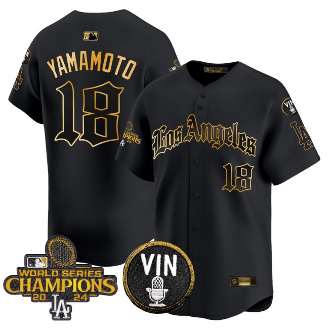 Men's Dodgers #18 Yamamoto 2025 LA Gothic Style Nike Gold MLB Baseball Limited Jersey Black 2024 WSC Patch - All Stitched
