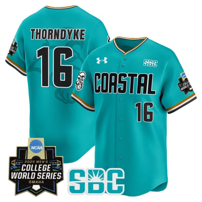 Men's Coastal Carolina Chanticleers #16 Colby Thorndyke Omaha Revival 2025 NCAA MCWS Baseball Limited Jersey Teal - All Stitched