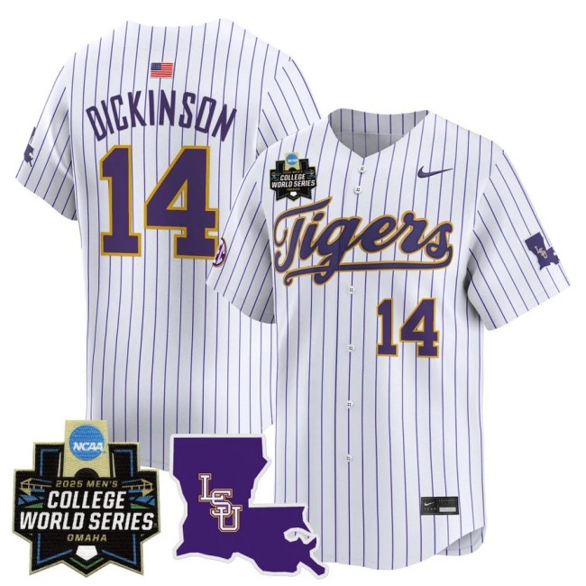 Men's LSU Tigers #14 Daniel Dickinson Nike 2025 Omaha NCAA World Series Baseball Limited Jersey White Pinstripe - All Stitched