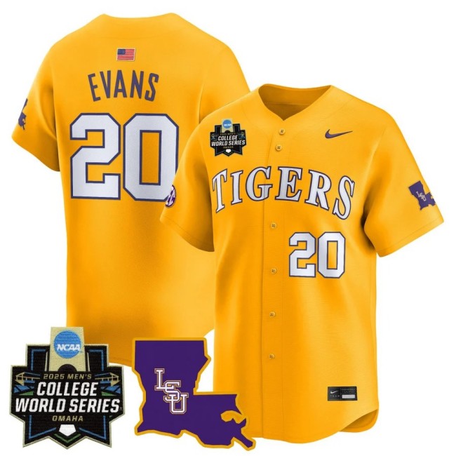 Men's LSU Tigers Nike #20 Casan Evans 2025 NCAA MCWS Baseball Limited Jersey Gold - All Stitched