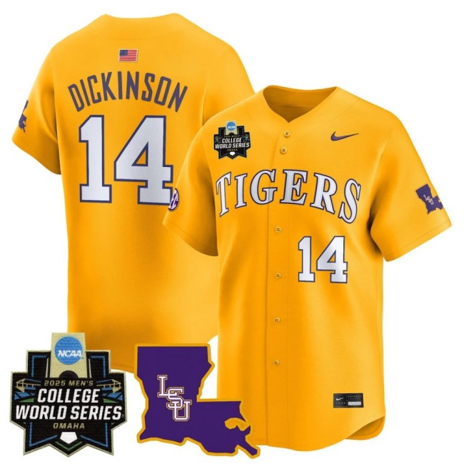 Men's LSU Tigers Nike #14 Daniel Dickinson 2025 NCAA MCWS Baseball Limited Jersey Gold - All Stitched