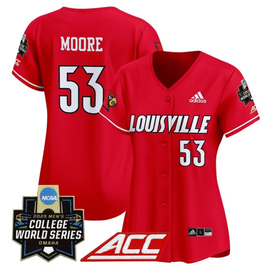 Women's adidas Louisville Cardinals #53 Lucas Moore Red 2025 NCAA MCWS Baseball Limited Jersey - All Stitched