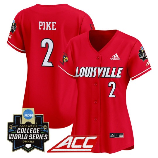 Women's adidas Louisville Cardinals #2 Garret Pike Red 2025 NCAA MCWS Baseball Limited Jersey - All Stitched