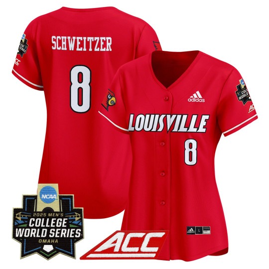 Women's Louisville Cards #8 Jake Schweitzer adidas Red 2025 NCAA MCWS Baseball Limited Jersey - All Stitched