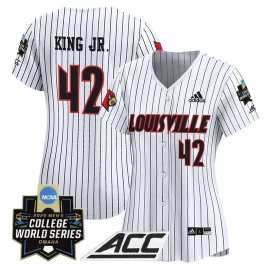 Wmn's Louisville Cardinals #42 Eddie King Jr. Pinstripe 2025 NCAA MCWS Baseball Limited Jersey - All Stitched