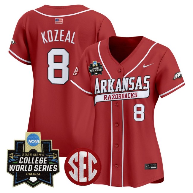 Women's Arkansas Razorbacks #8 Cam Kozeal Cardinal Nike 2025 World Series Baseball Limited Jersey - All Stitched