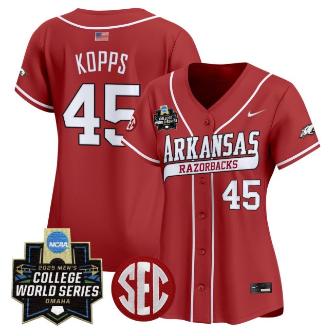 Women's Arkansas Razorbacks #45 Kevin Kopps Cardinal Nike 2025 World Series Baseball Limited Jersey - All Stitched