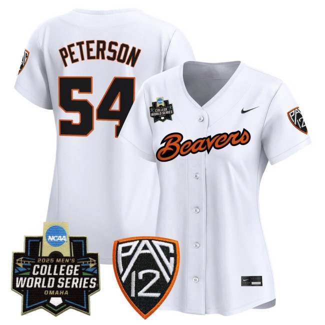 Women's Oregon State Beavers #54 Tyce Peterson Nike White 2025 World Series Baseball Limited Jersey - All Stitched