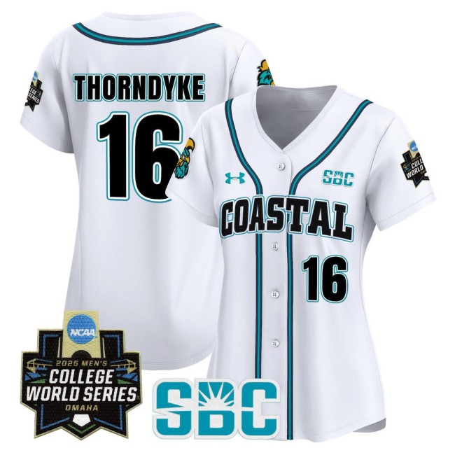 Women's Coastal Carolina Chanticleers #16 Colby Thorndyke White 2025 World Series Baseball Limited Jersey - All Stitched