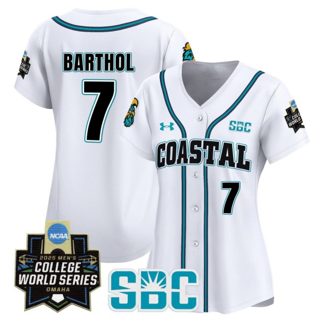 Women's Coastal Carolina Chanticleers #7 Blake Barthol White 2025 World Series Baseball Limited Jersey - All Stitched