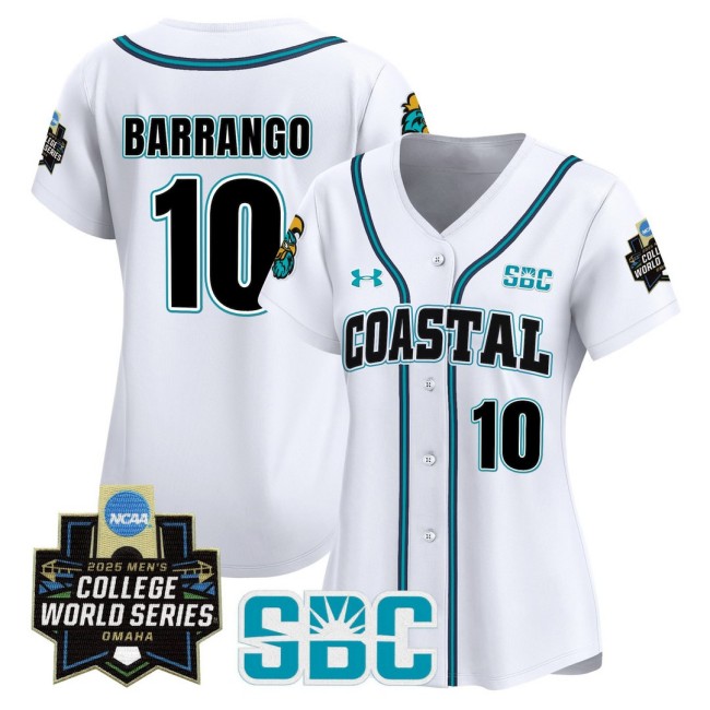 Women's Coastal Carolina Chanticleers #10 Ty Barrango White 2025 World Series Baseball Limited Jersey - All Stitched