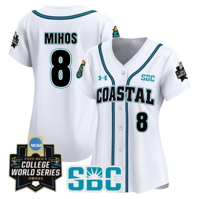 Women's Coastal Carolina Chanticleers #8 Dean Mihos White 2025 World Series Baseball Limited Jersey - All Stitched