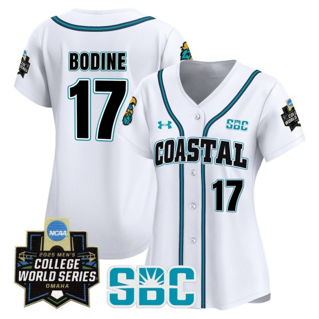 Women's Coastal Carolina Chanticleers #17 Caden Bodine White 2025 World Series Baseball Limited Jersey - All Stitched