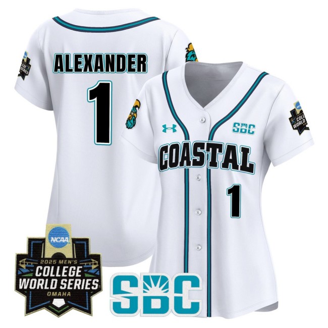 Women's Coastal Carolina Chanticleers #1 Sebastian Alexander White 2025 World Series Baseball Limited Jersey - All Stitched