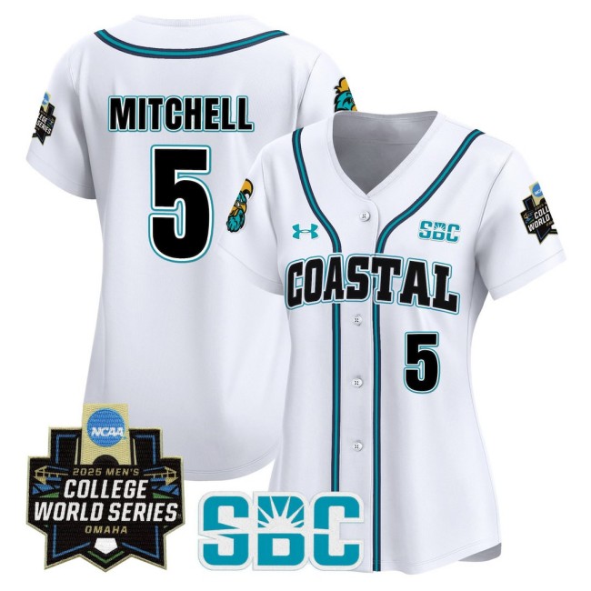 Women's Coastal Carolina Chanticleers #5 Walker Mitchell White 2025 World Series Baseball Limited Jersey - All Stitched
