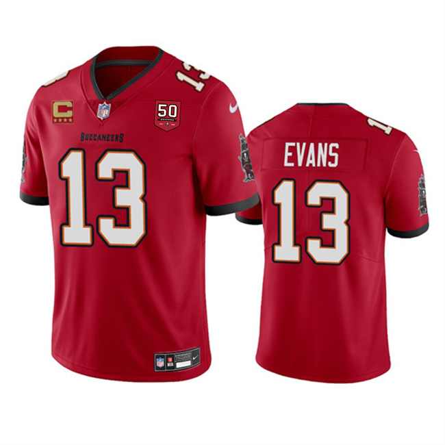 Men's Tampa Bay Buccaneers #13 Mike Evans Red 2025 50th Anniversary Patch And 4-Star C Patch Vapor Untouchable Limited Stitched Football Jersey