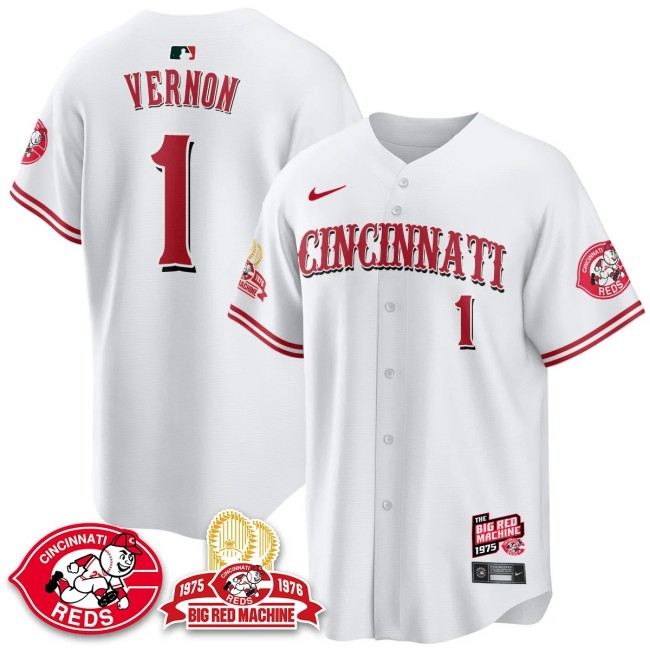 Men's Cincinnati Reds #1 Justin Vernon Nike 'Big Red Machine 50th 1975 Limited MLB Jersey White