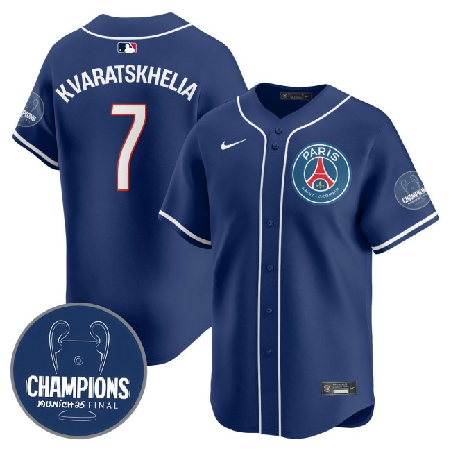 Men's PSG #7 Khvicha Kvaratskhelia Navy 2025 Soccer x Baseball Nike Limited MLB Jersey Champions - All Stitched